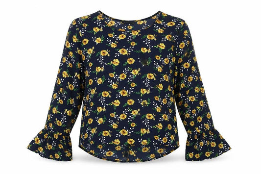 Front view of Miss Valley Women’s Blue Floral Blouse, size UK 12, Long Sleeve Tunic