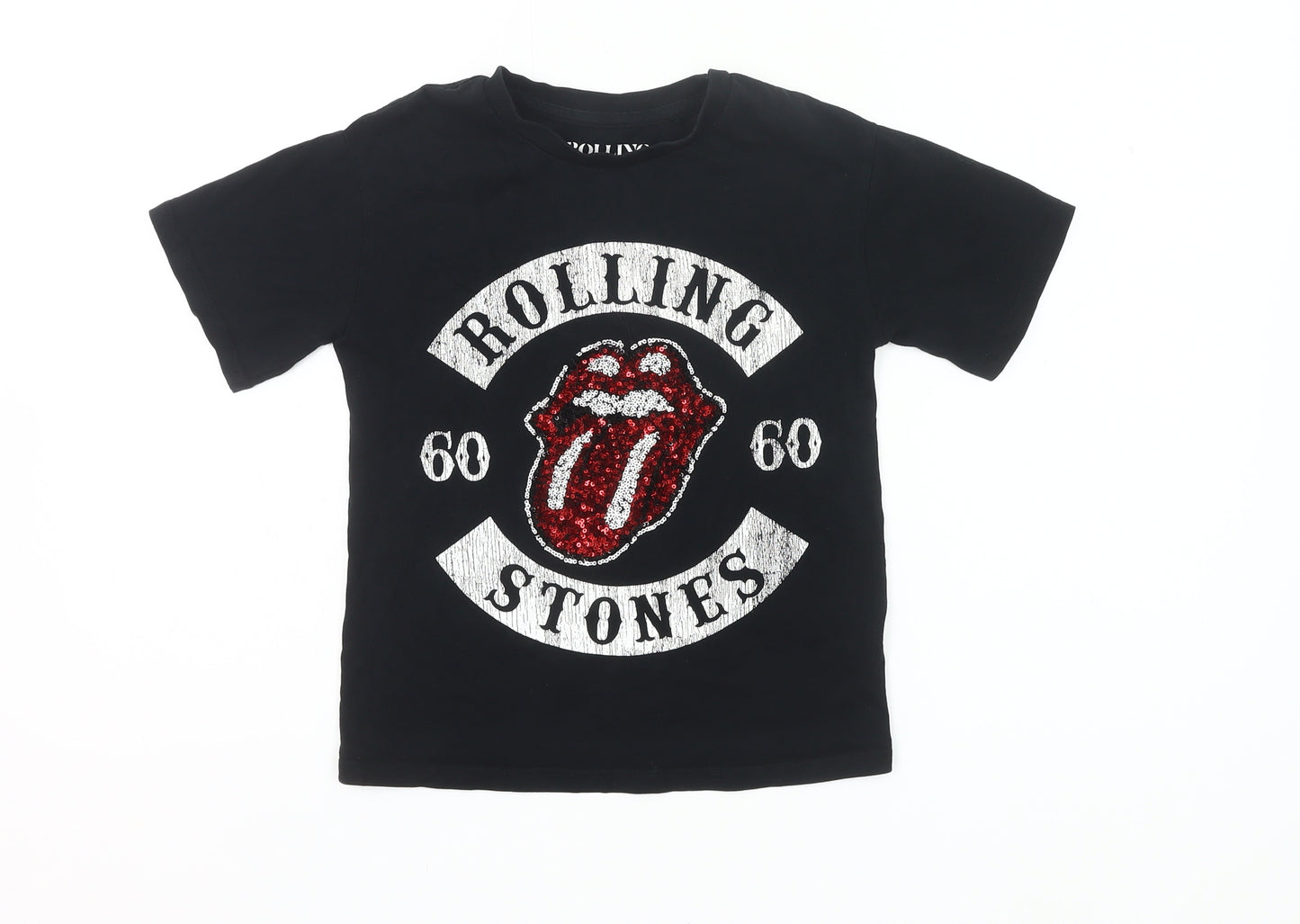 Next Girls Black Rolling Stones Sequin T-Shirt 5 Years Rock Band Top