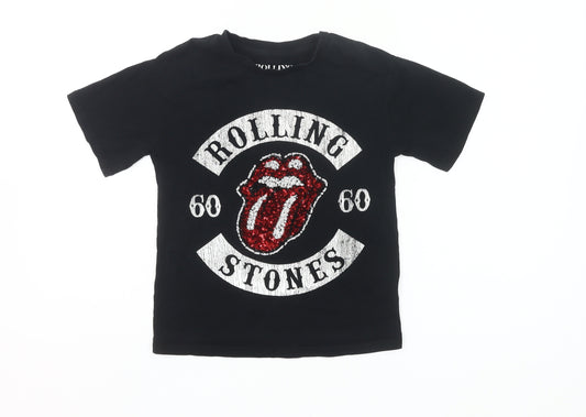 Next Girls Black Rolling Stones Sequin T-Shirt 5 Years Rock Band Top