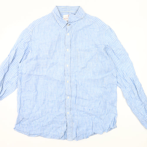 Marks and Spencer Men’s Blue Striped Linen Shirt XL 44-46" Casual Long Sleeve