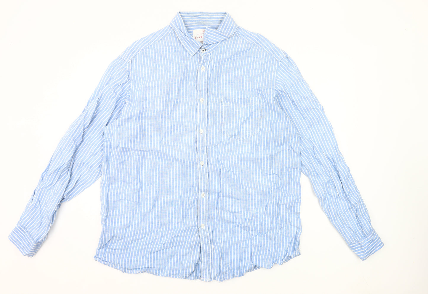 Marks and Spencer Men’s Blue Striped Linen Shirt XL 44-46" Casual Long Sleeve
