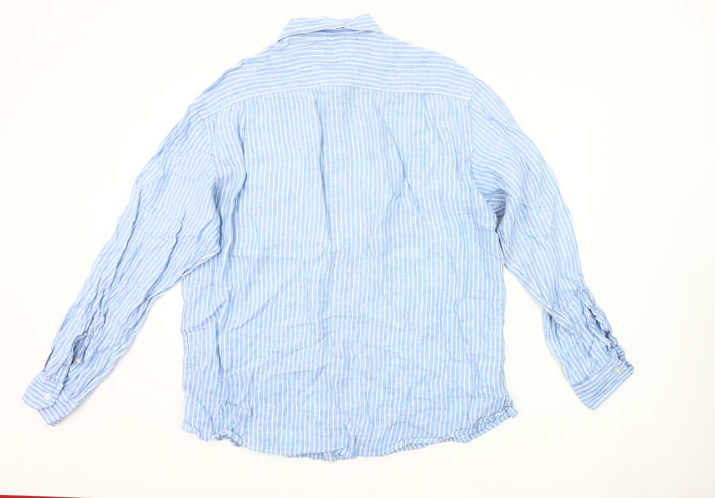 Marks and Spencer Men’s Blue Striped Linen Shirt XL 44-46" Casual Long Sleeve