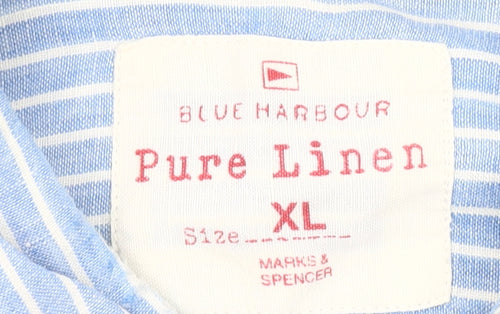 Marks and Spencer Men’s Blue Striped Linen Shirt XL 44-46" Casual Long Sleeve