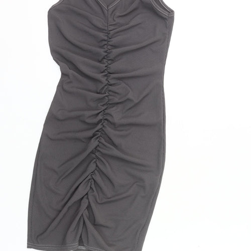 PrettyLittleThing Women’s Grey Bodycon Knee Dress Size 2 Ruched V-Neck