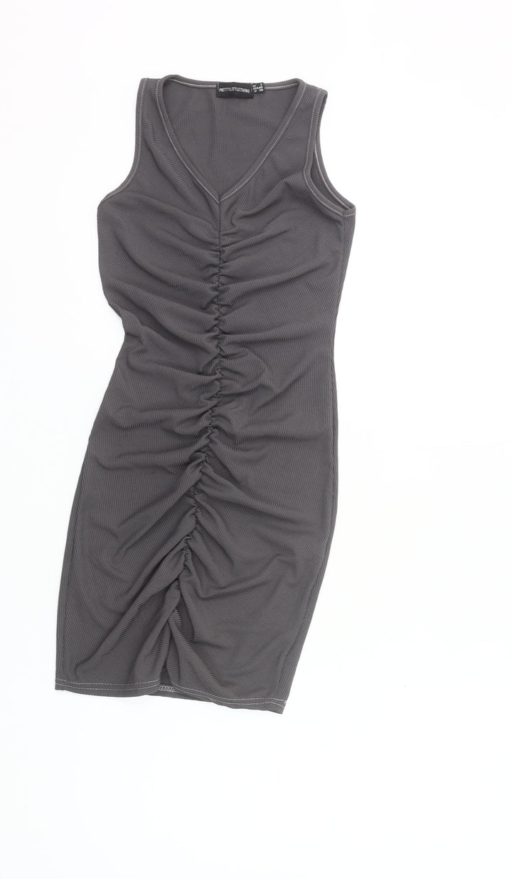 PrettyLittleThing Women’s Grey Bodycon Knee Dress Size 2 Ruched V-Neck