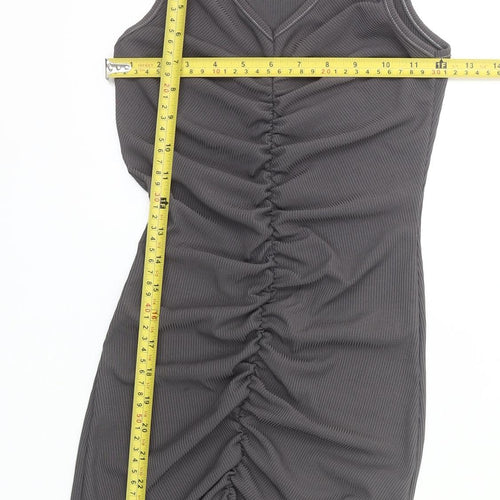 PrettyLittleThing Women’s Grey Bodycon Knee Dress Size 2 Ruched V-Neck