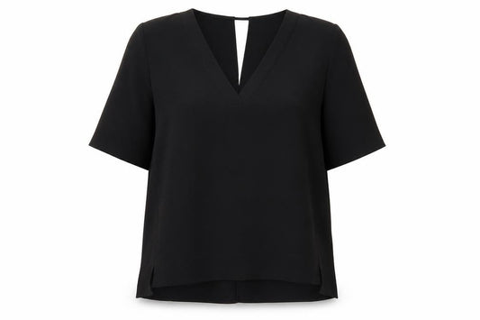Front view of River Island women’s black blouse, size UK 12, v-neck short sleeve top