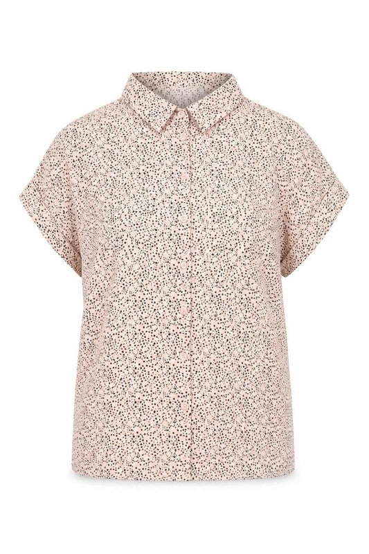 Front view of RESERVED women’s pink polka dot button-up shirt uk 6 short sleeve