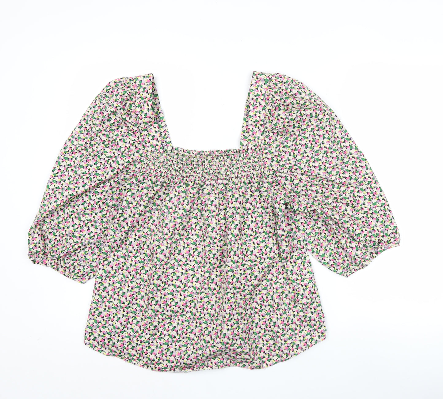 H&M Women’s Multicoloured Floral Cotton Blouse L Puff Sleeve