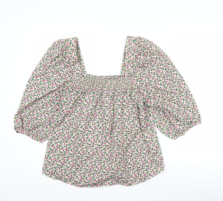 H&M Women’s Multicoloured Floral Cotton Blouse L Puff Sleeve