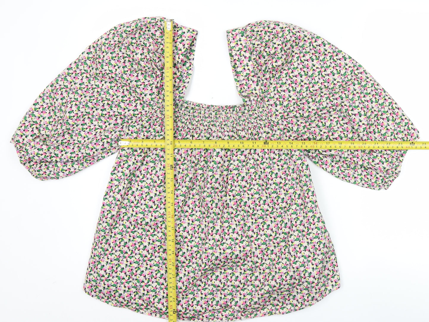 H&M Women’s Multicoloured Floral Cotton Blouse L Puff Sleeve