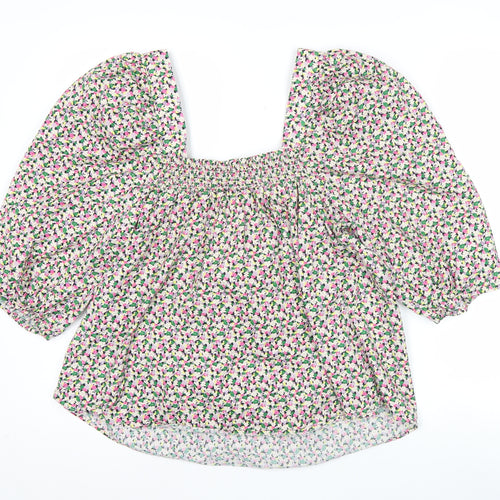 H&M Women’s Multicoloured Floral Cotton Blouse L Puff Sleeve