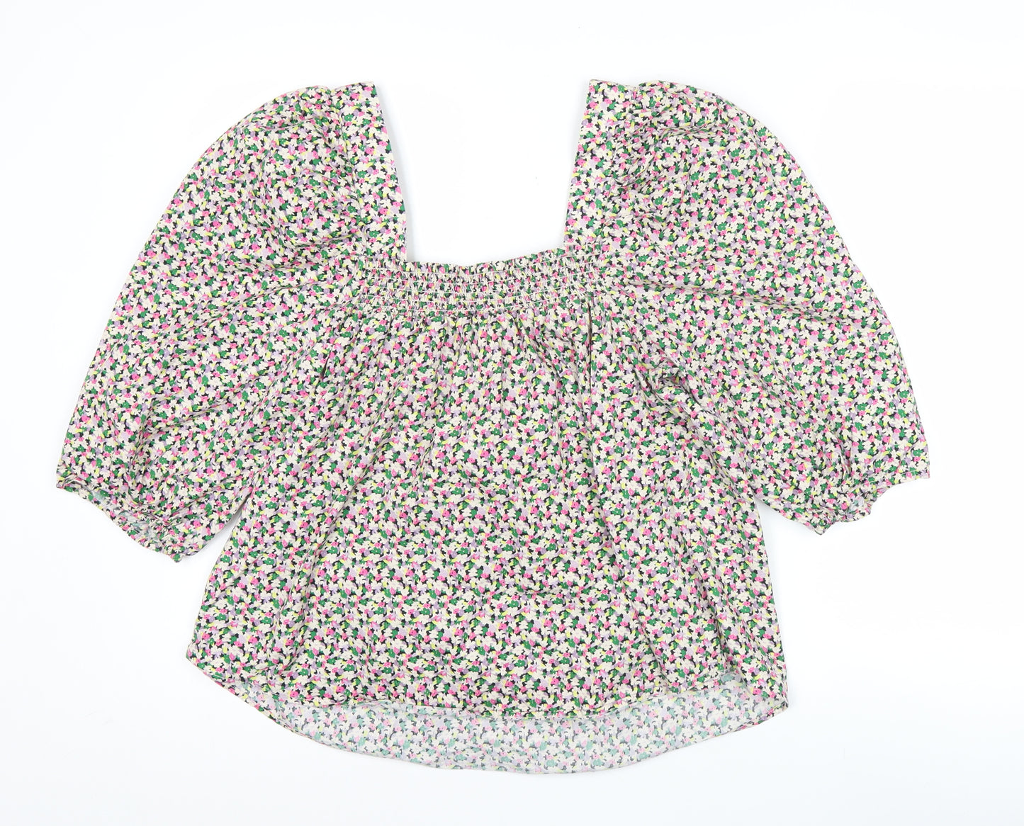 H&M Women’s Multicoloured Floral Cotton Blouse L Puff Sleeve