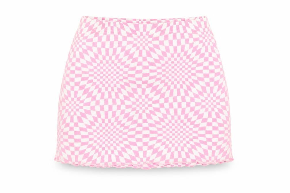 Front view of PRETTYLITTLETHING Women’s Pink Geometric Mini Skirt, size UK 8