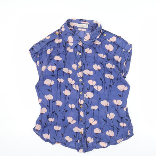 Tory Burch Women Blue Floral Cotton Short Sleeve Button-Up Shirt Size 10