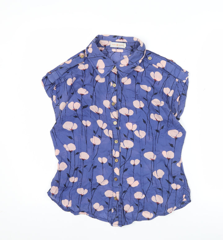 Tory Burch Women Blue Floral Cotton Short Sleeve Button-Up Shirt Size 10