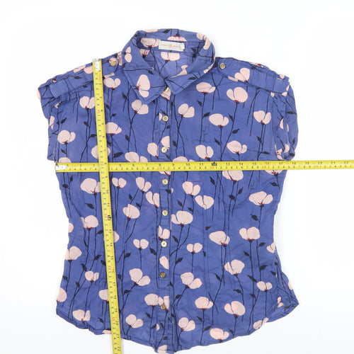 Tory Burch Women Blue Floral Cotton Short Sleeve Button-Up Shirt Size 10
