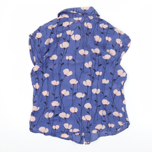 Tory Burch Women Blue Floral Cotton Short Sleeve Button-Up Shirt Size 10