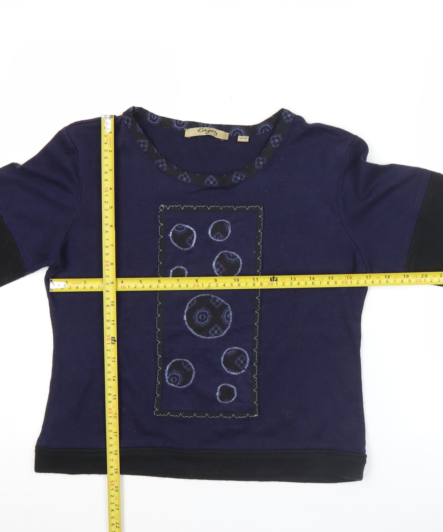 Enjoy Womens Blue Embroidered Long Sleeve T-Shirt Size 14
