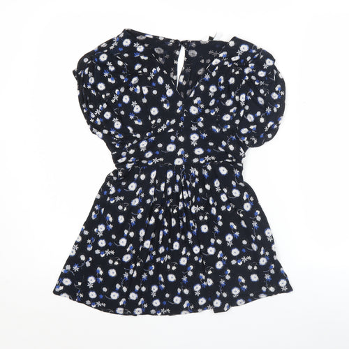 New Look Womens Black Floral Tunic Blouse Size 8 V-Neck Puff Sleeve