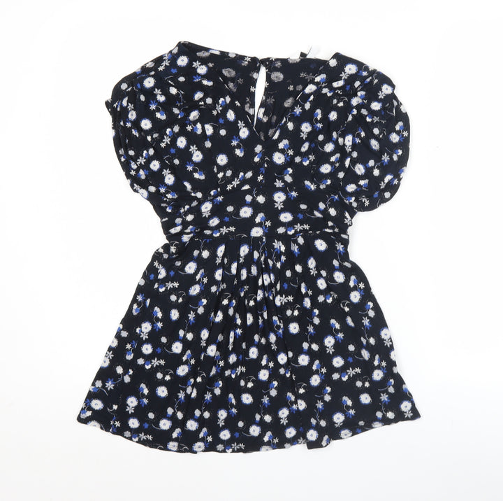 New Look Womens Black Floral Tunic Blouse Size 8 V-Neck Puff Sleeve
