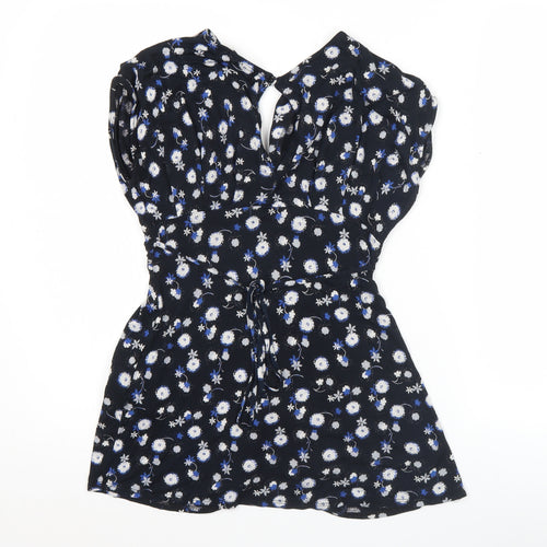 New Look Womens Black Floral Tunic Blouse Size 8 V-Neck Puff Sleeve