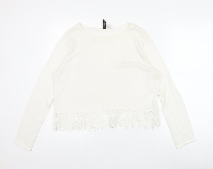 Divided Women's White Cropped Lace Fringe Blouse Size 12
