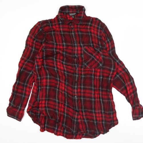 Topshop Women Red Plaid Button-Up Shirt UK 8 Long Sleeve Casual Viscose