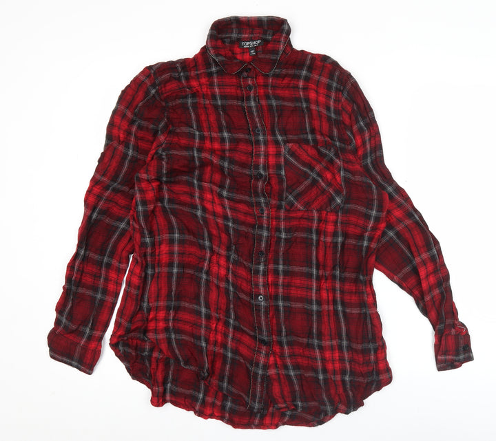 Topshop Women Red Plaid Button-Up Shirt UK 8 Long Sleeve Casual Viscose