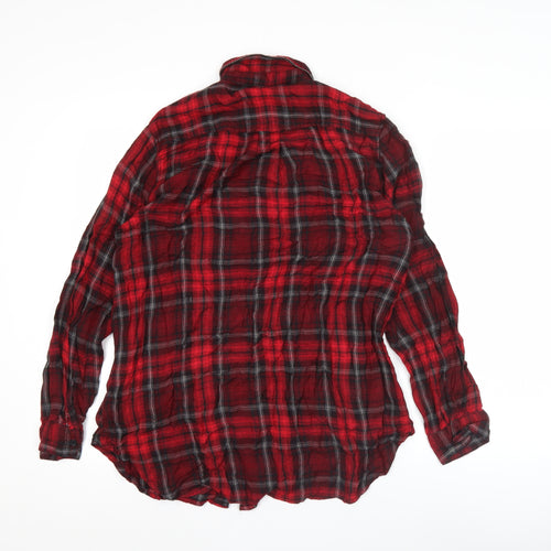 Topshop Women Red Plaid Button-Up Shirt UK 8 Long Sleeve Casual Viscose
