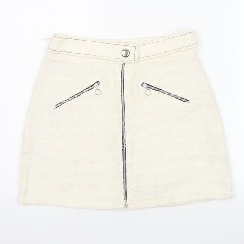 Zara Women’s Ivory Tweed Mini Skirt M Zip Front Lined Cotton Blend