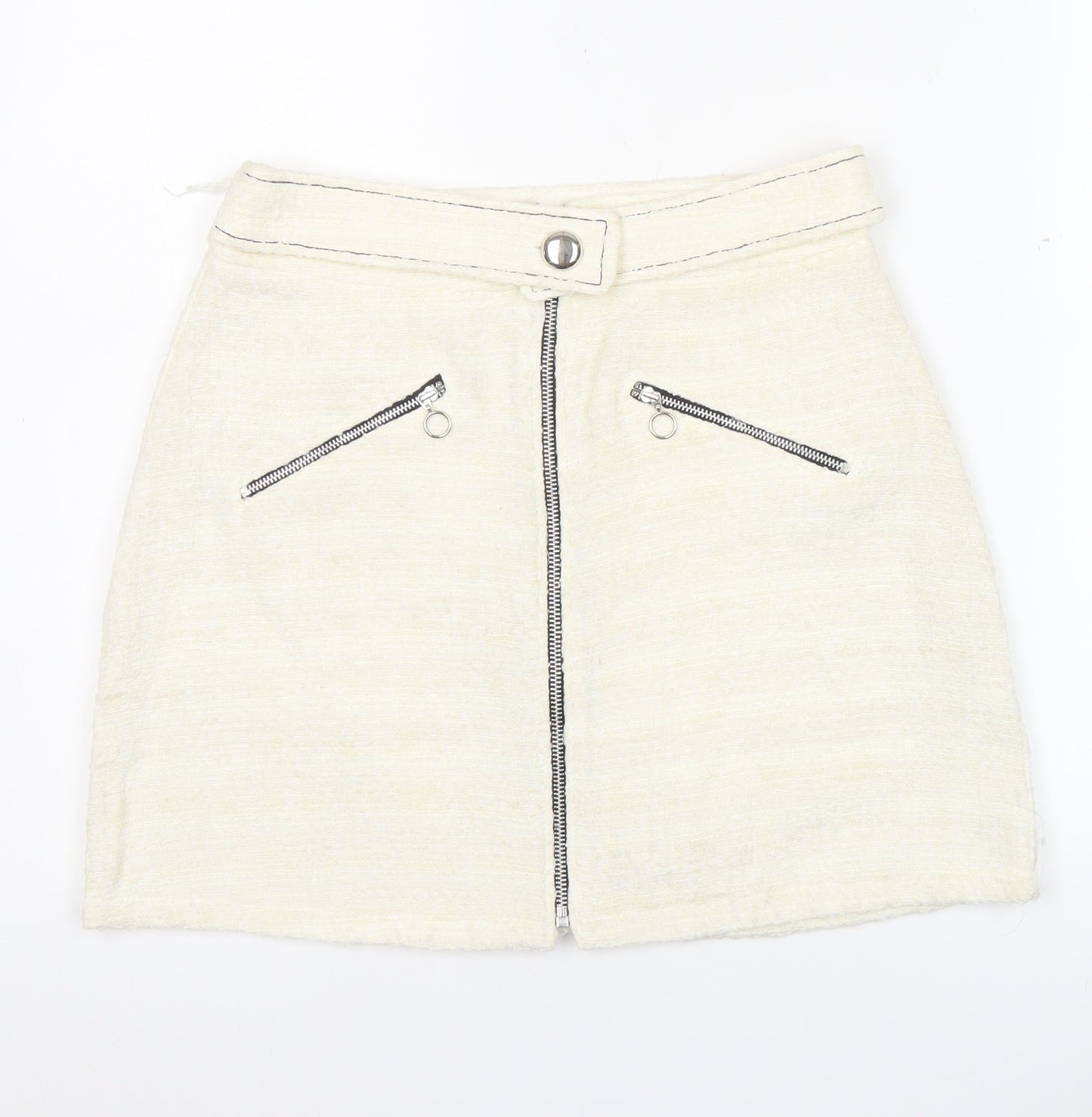 Zara Women’s Ivory Tweed Mini Skirt M Zip Front Lined Cotton Blend