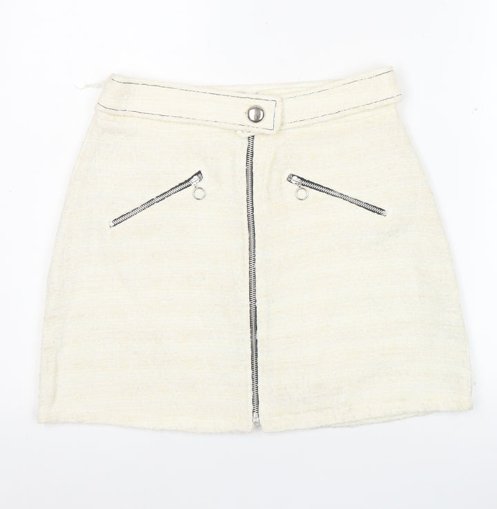 Zara Women’s Ivory Tweed Mini Skirt M Zip Front Lined Cotton Blend