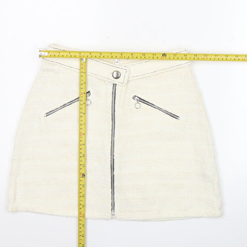 Zara Women’s Ivory Tweed Mini Skirt M Zip Front Lined Cotton Blend