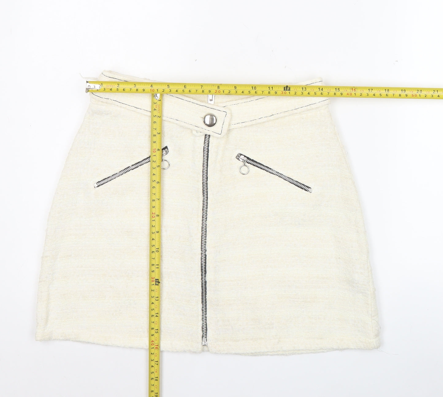 Zara Women’s Ivory Tweed Mini Skirt M Zip Front Lined Cotton Blend