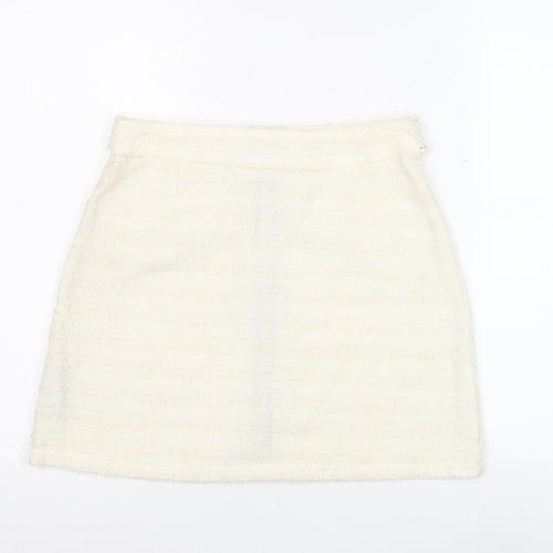 Zara Women’s Ivory Tweed Mini Skirt M Zip Front Lined Cotton Blend