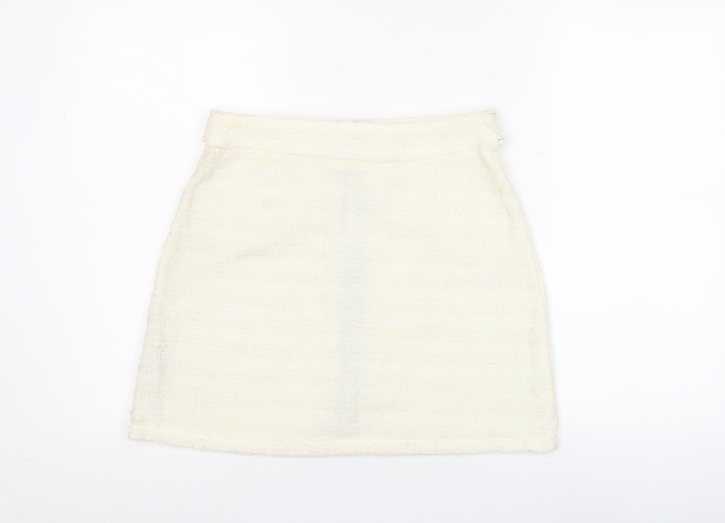 Zara Women’s Ivory Tweed Mini Skirt M Zip Front Lined Cotton Blend