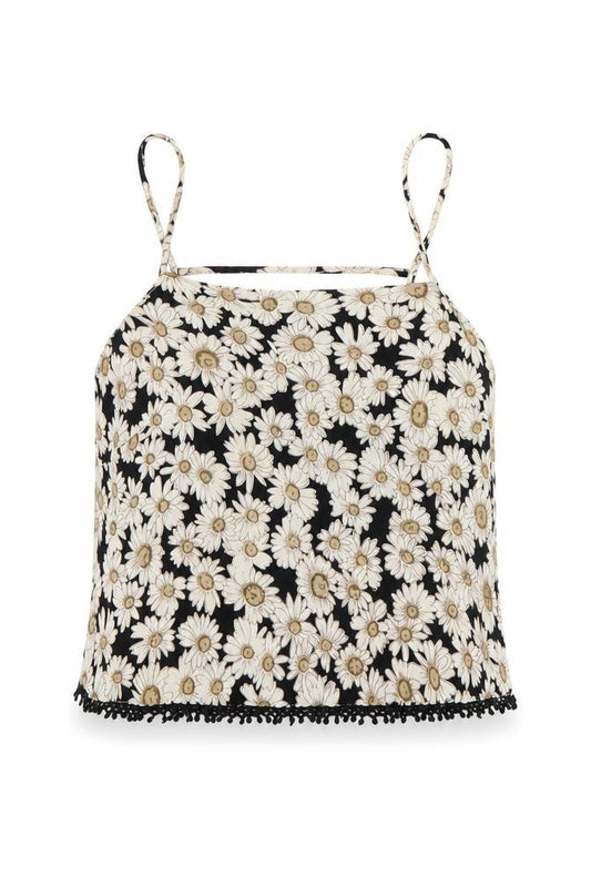 Front view of ASOS Women’s Black Floral Camisole Tank Top, size UK 6, Spaghetti Strap Summer