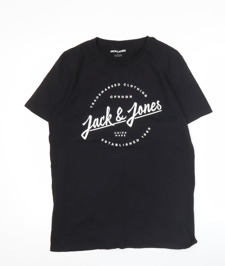 Jack & Jones Men's Black L Graphic Logo Crew Neck Cotton T-Shirt
