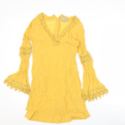 ASOS Womens Yellow Viscose Shift Dress Size 8 Boho Crochet Long Sleeve