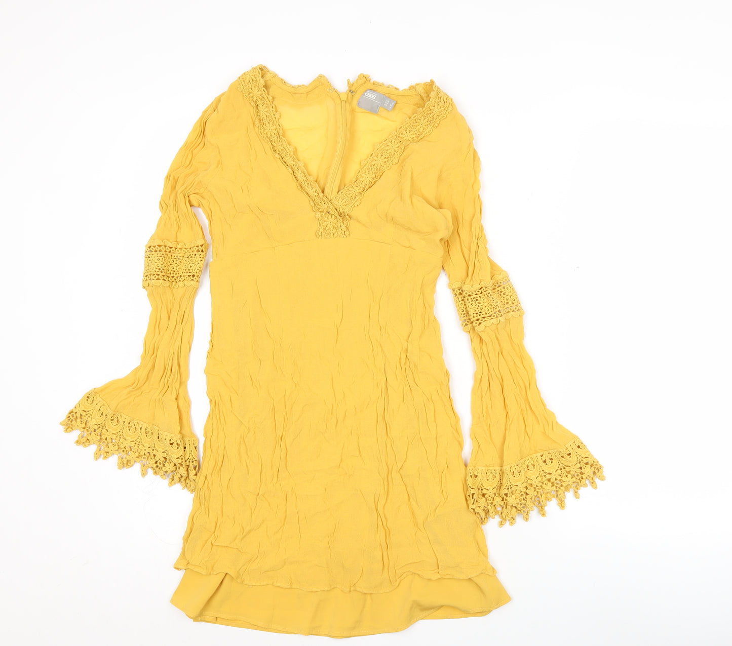 ASOS Womens Yellow Viscose Shift Dress Size 8 Boho Crochet Long Sleeve