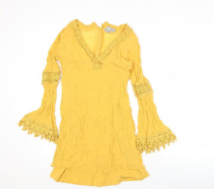 ASOS Womens Yellow Viscose Shift Dress Size 8 Boho Crochet Long Sleeve