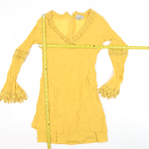 ASOS Womens Yellow Viscose Shift Dress Size 8 Boho Crochet Long Sleeve