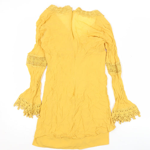 ASOS Womens Yellow Viscose Shift Dress Size 8 Boho Crochet Long Sleeve