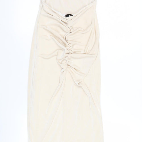 Pink Vanilla Women’s Beige Bodycon Midi Dress Size 6 Ruched