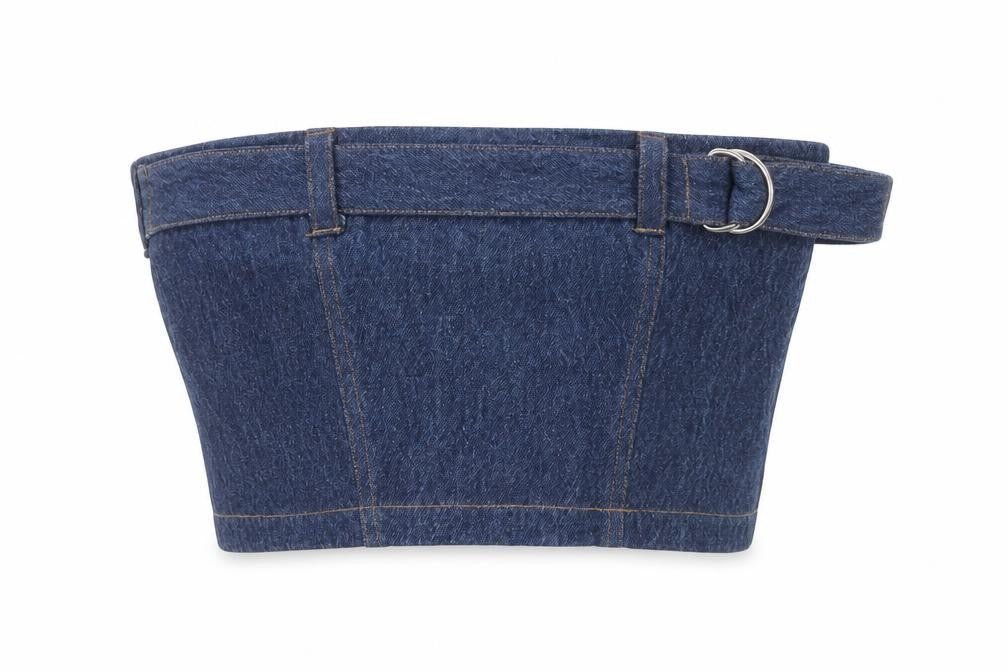 Front view of Vintage Women’s Blue Denim Strapless Cropped Top S