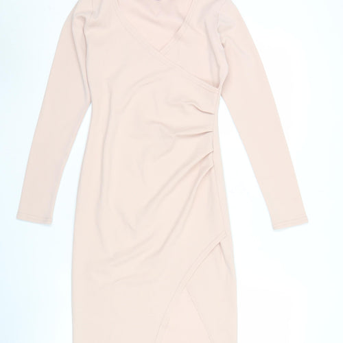 ZIP-CODE Women Beige XS Bodycon Knee Length Long Sleeve V-Neck Dress
