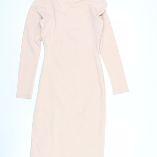 ZIP-CODE Women Beige XS Bodycon Knee Length Long Sleeve V-Neck Dress