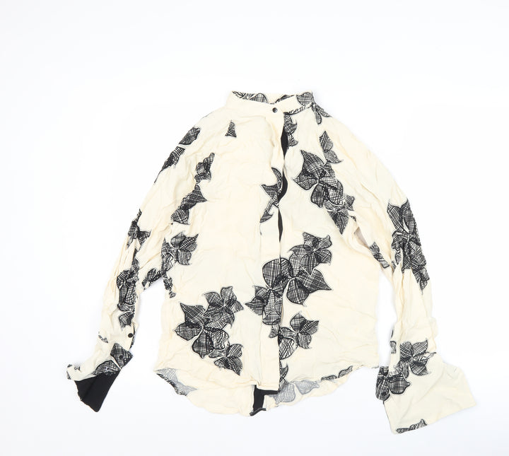 Reiss Womens Ivory Black Floral Blouse Size 6 Long Sleeve Collared