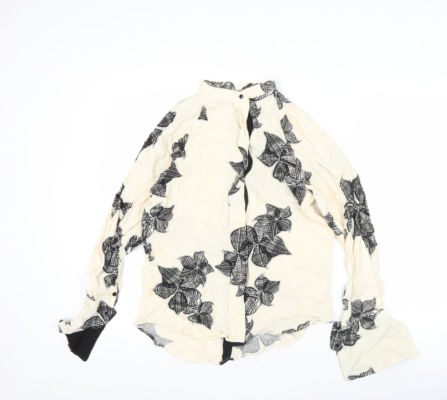 Reiss Womens Ivory Black Floral Blouse Size 6 Long Sleeve Collared